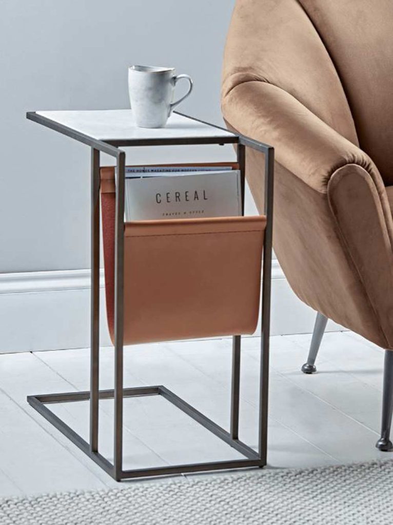 Side table with leather magazine holder