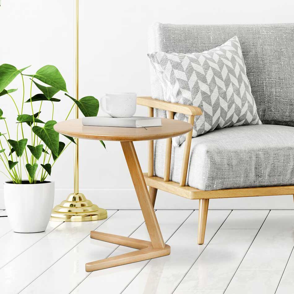 Armchair, Plant and Wooden Side Table