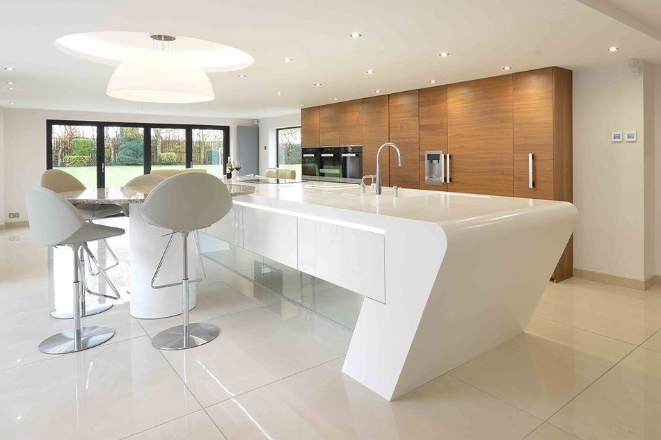 Kitchen with Uniquely Shaped Corian Island