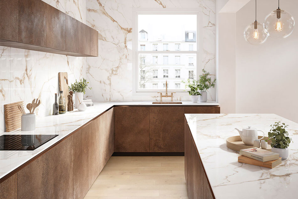Kitchen with Calacatta Gold Porcelain Countertops