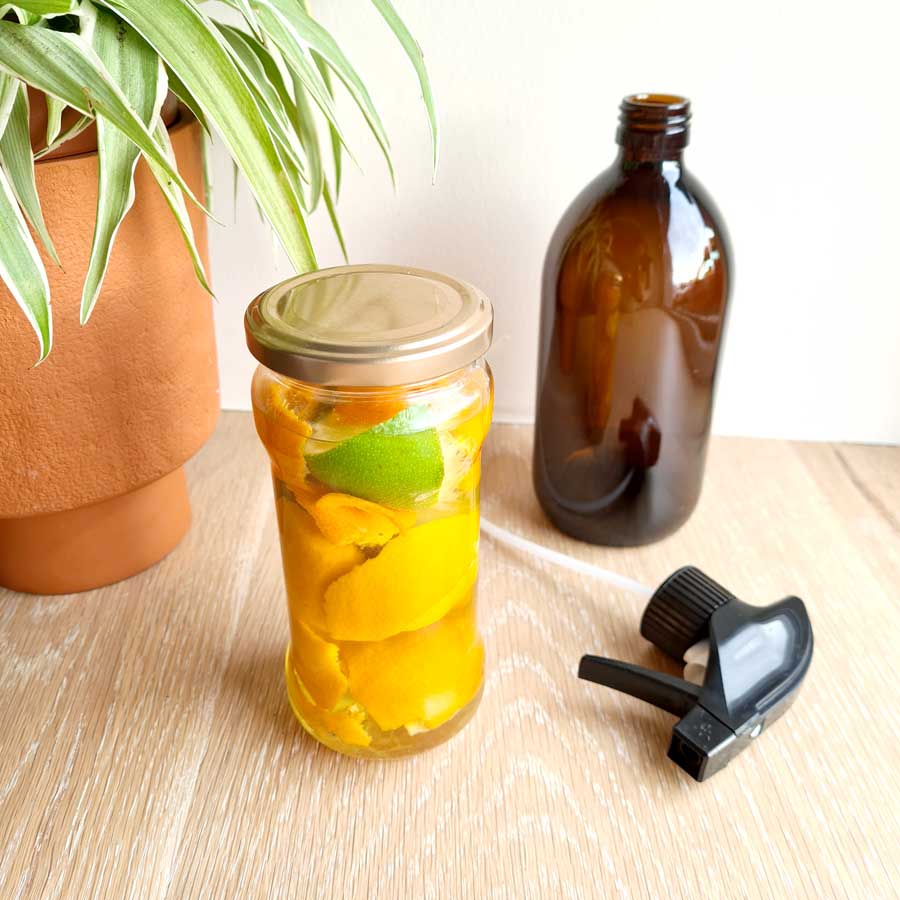 Jar of Vinegar and Citrus Peels as Natural Cleaner